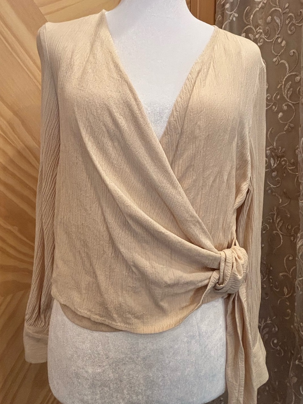 Beautiful Women's Cream Wrap-Style Long Sleeve Top